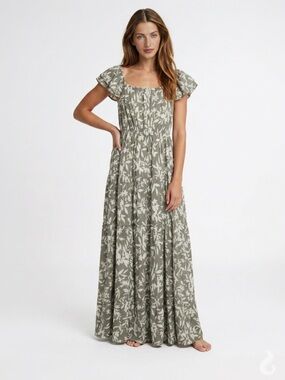 Blu Pepper Olive Green and White Floral Maxi Dress